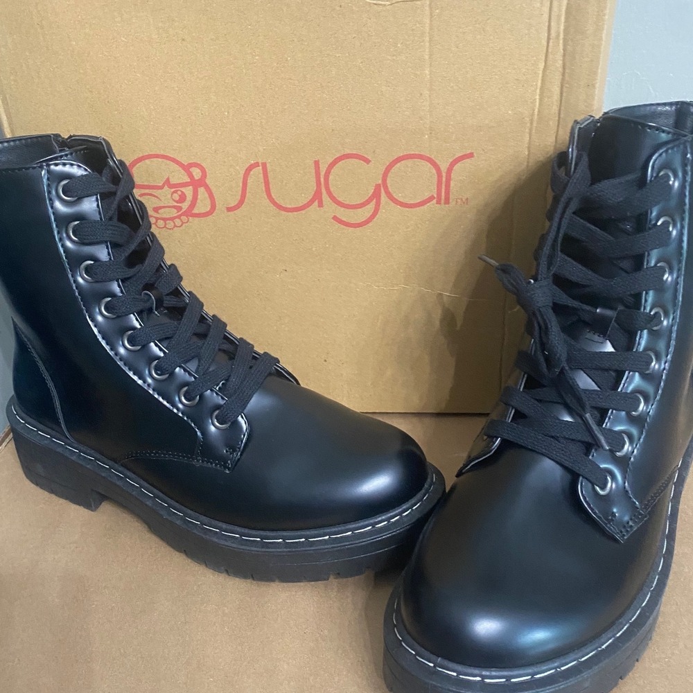 Sugar Kaedy Black Combat Boots Womens 7.5 Lace Up Side Zip‎ Lug Sole SGR-KAEDY